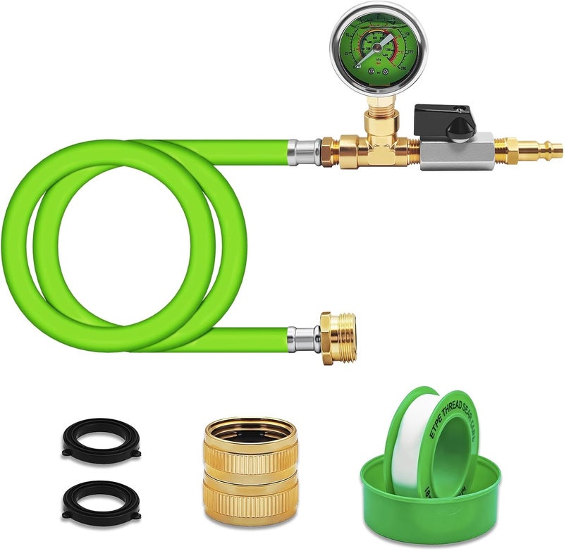 HFVSLFA RV Winterizing Kit with Pressure Gauge, 60inch RV Winterize Hose with 3/4" GHT Blow Out Fitting Adaptor & 1/4" Quick Connect Plug, Sprinkler Winterization for RV, Camper, Boat, Travel Trailer, Green - Image 1